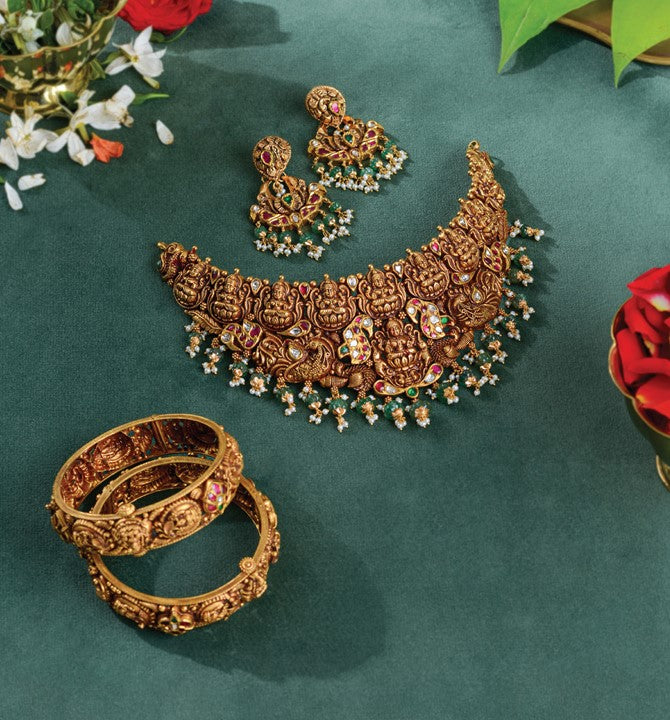 Antique Bridal Gold Choker Set in Lakshmi Motif