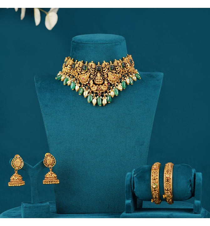 Bridal Gold Choker Set with Hanging Pearls and Emeralds
