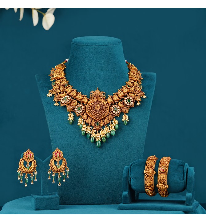 Bridal Gold Necklace Set in Peacock and Floral Motif