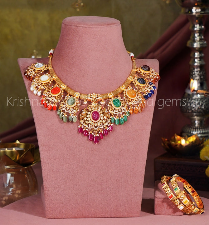 22k Gold Navaratan Gemstone Kante Necklace with CZ Adorned Bangles