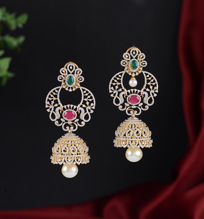 Diamond Emerald Ruby Pearl Jhumkas