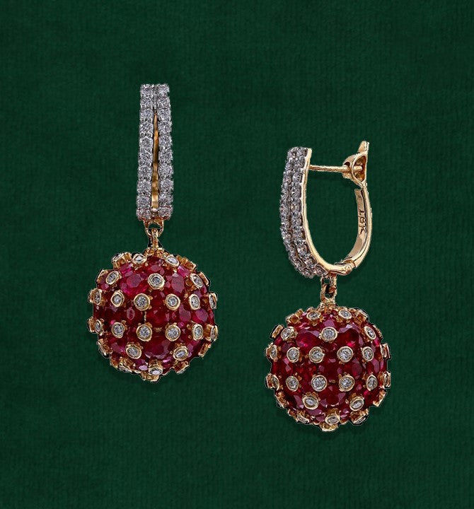 Gold with diamond ruby ball earrings