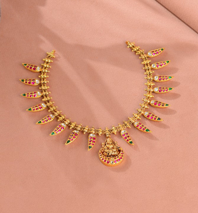 Goddess Laxmi Pendant Leaf Gold Necklace