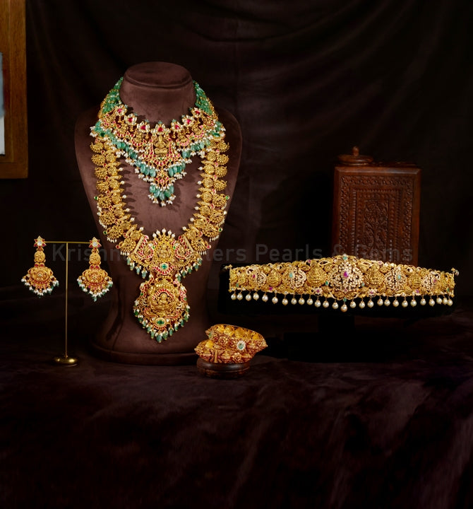 22K Gold Bridal Long Haar Necklace with Choker, Earrings and Vaddanam Set