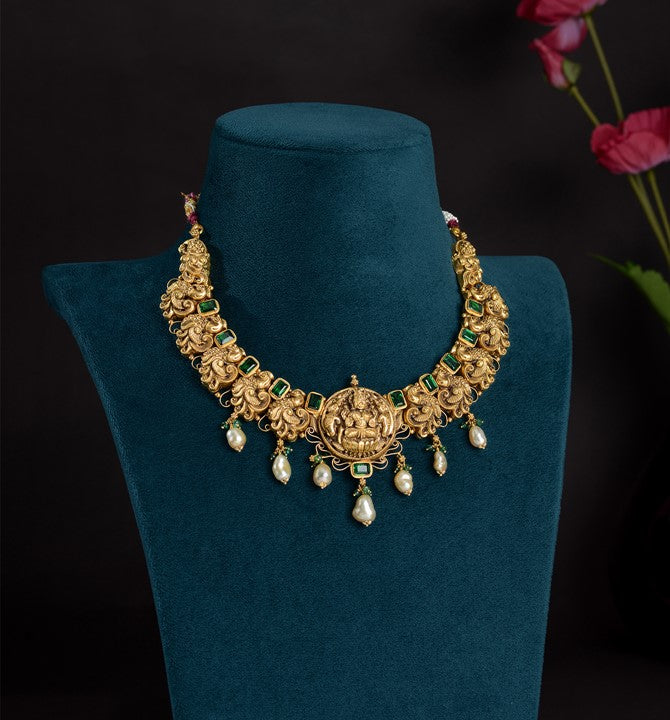 Gold Necklace in Peacock and Lakshmi Motif