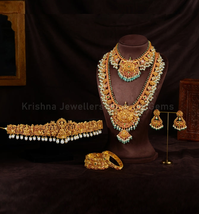 Elegant 22K Gold Bridal Haar Necklace and Choker Set with Earrings and Vaddanam