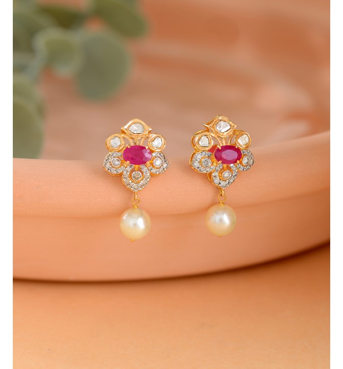 Ruby Beads & Polki Diamond Stud Earrings