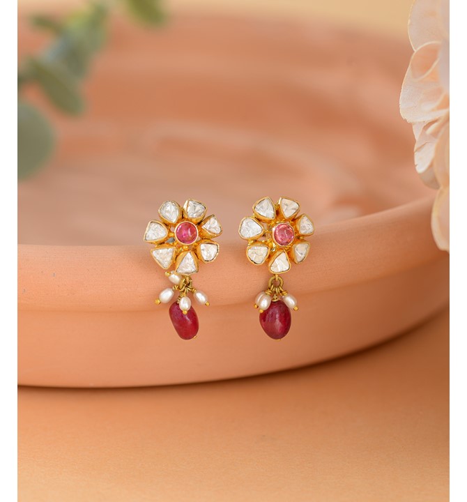 Polki Diamond Studs - Pearls and Ruby Beads