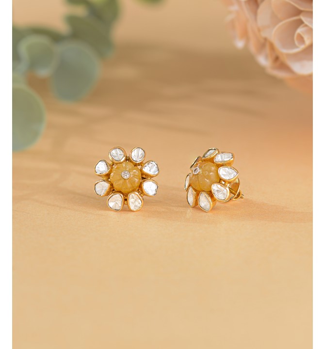 Floral Polki Studs Earrings With Karbhuja Beads