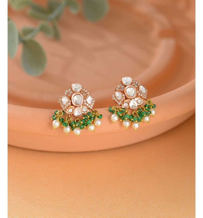 Polki Stud Earrings-Hanging Pearls