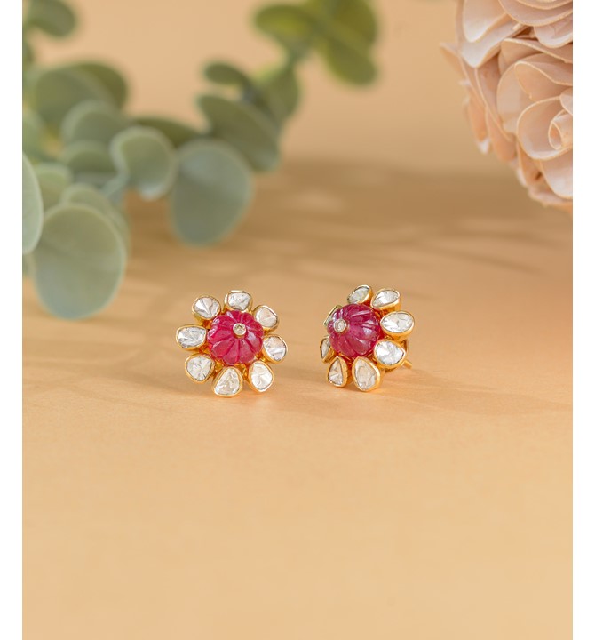 Karbuja Beads & Floral Diamond Polki Studs
