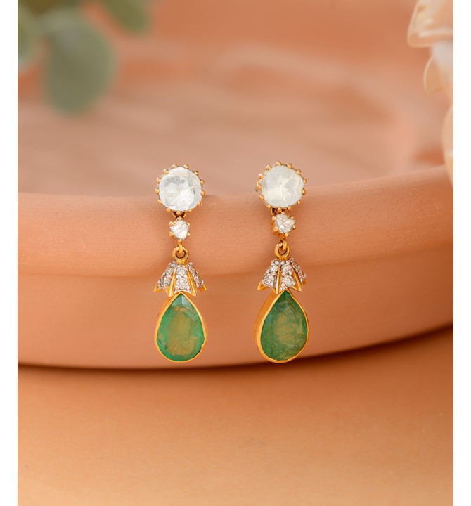 Drop Cut Emeralds & Polki Diamond Stud Earrings