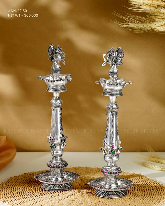 92.5 Silver Peacock Deepam Stand Traditional Design