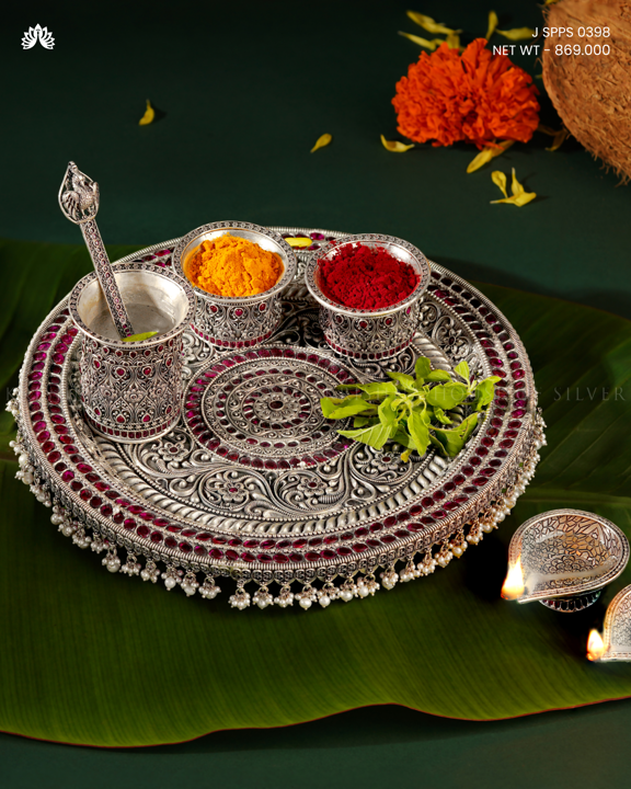 92.5 Silver Pooja Set with Ruby Stone Design Traditional Craft