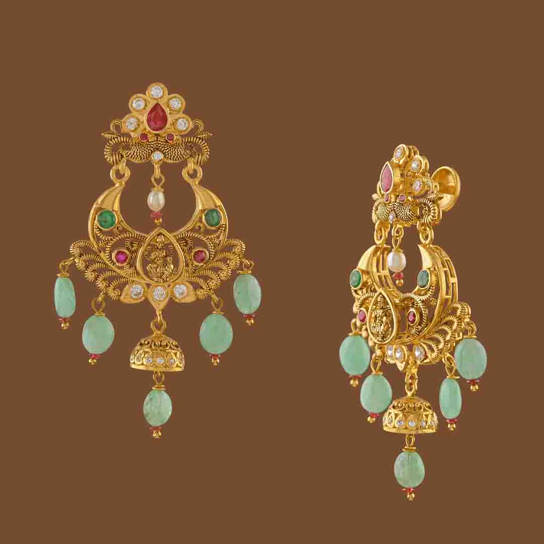 22K Gold Chandbali Earrings in Emerald Beads - Krishna Jewellers Pearls and Gems