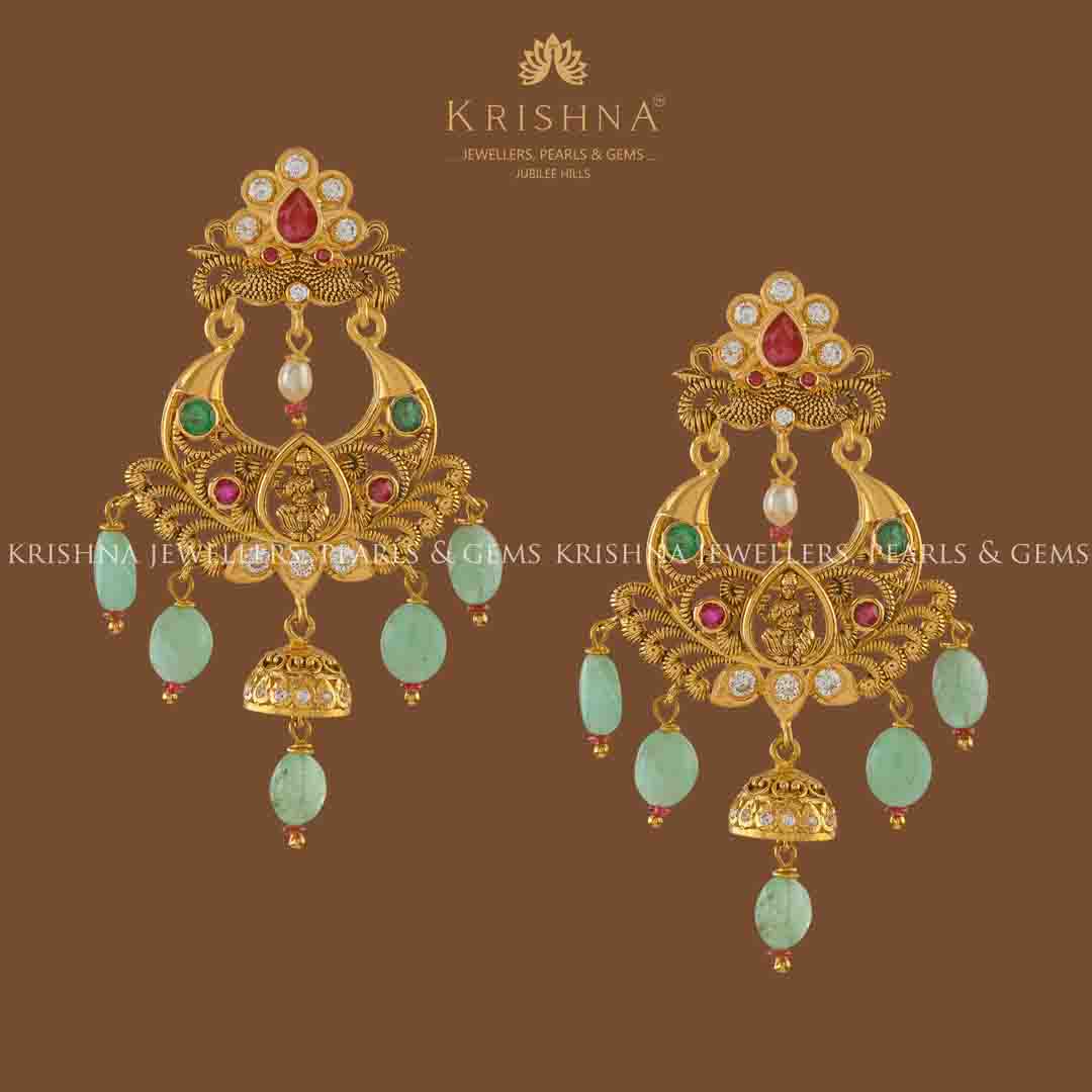 22K Gold Chandbali Earrings in Emerald Beads - Krishna Jewellers Pearls and Gems