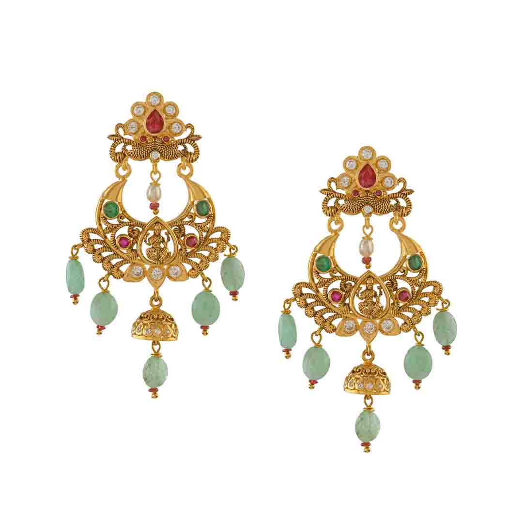 22K Gold Chandbali Earrings in Emerald Beads - Krishna Jewellers Pearls and Gems