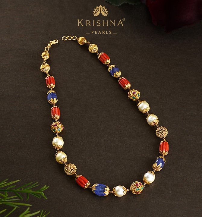 Coral Tanzanite Gold Pearl Necklace