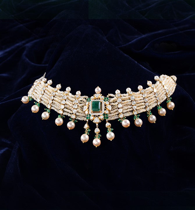 Pearls, Polki choker necklace on yellow gold