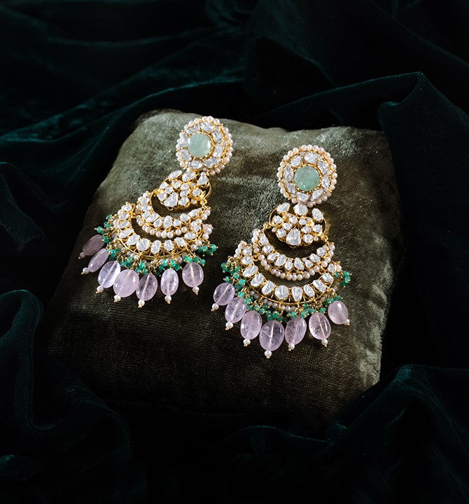 Polki Emeralds Chandbali Earrings in yellow gold