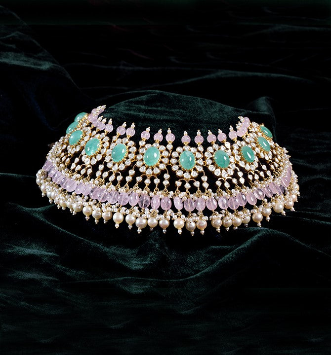 Polkis Emeralds Morganite choker necklace in yellow gold