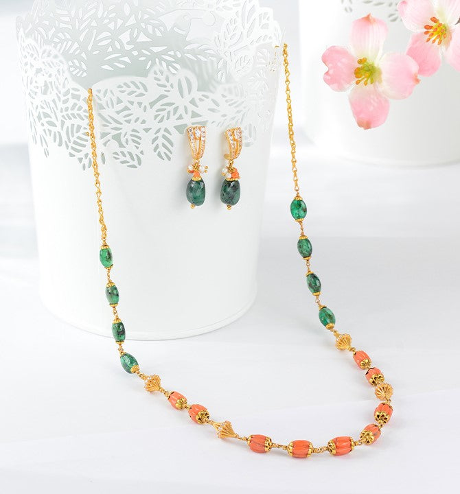 Dainty Coral and Emeralds Beads | Gold Pearl Necklace Sets