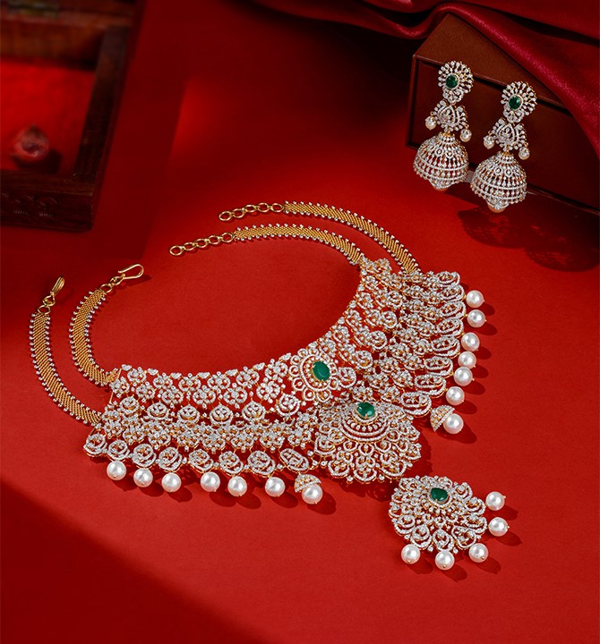 Detachable Diamond Necklace and Jhumka Earrings Sets
