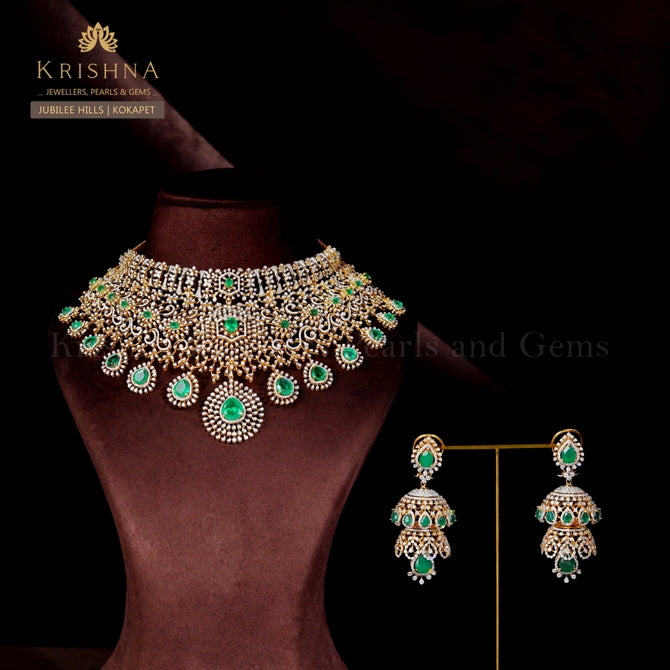 Diamond Emerald Choker with Matching Jhumka Earrings Bridal Luxury Set