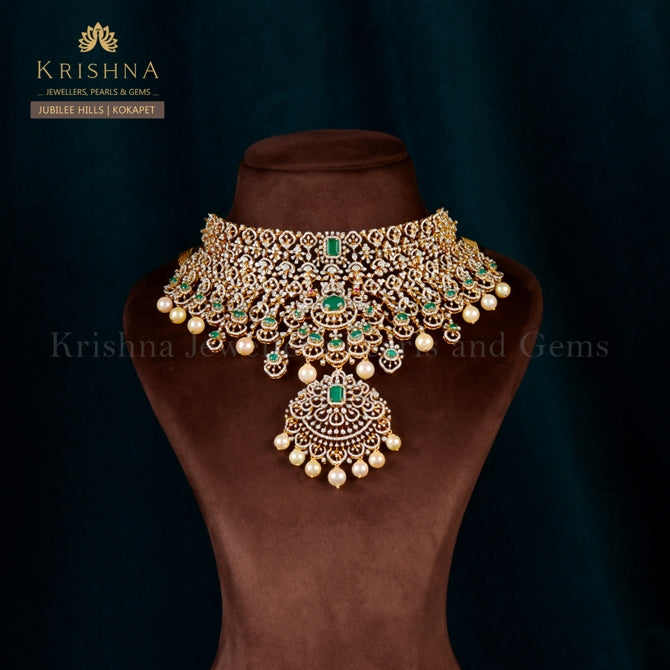 Beautiful Diamond Bridal Choker Crafted with Emerald and Pearls