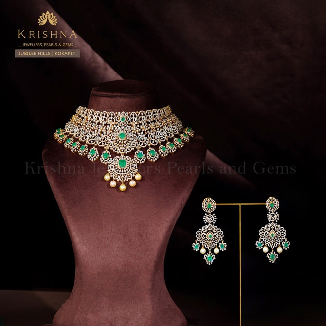 Diamond Emerald Choker with Matching Earrings Designer Bridal Set