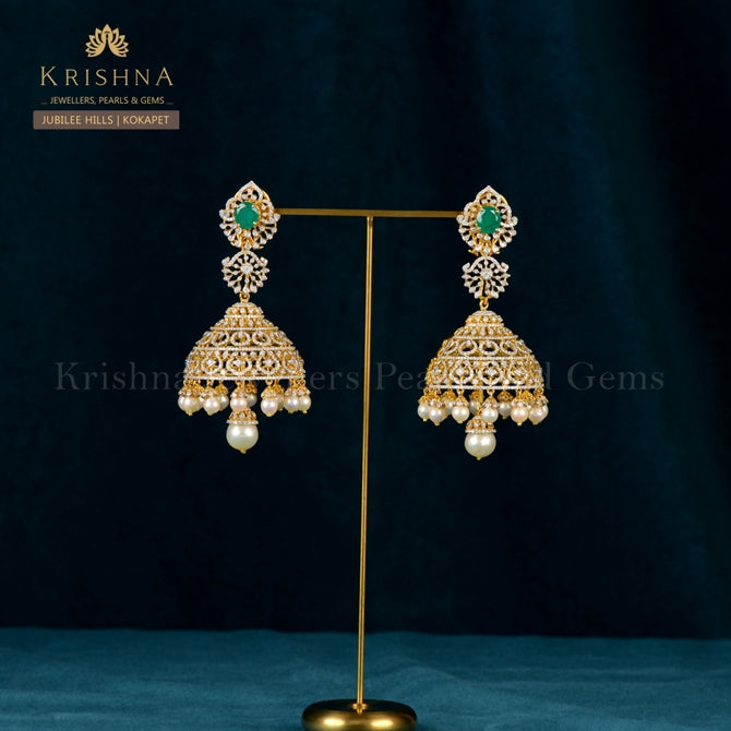Elegant Diamond Jhumka Earrings Crafted with Emerald and Pearls