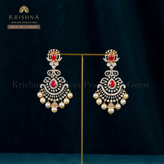 Diamond Hanging Earrings Crafted with Ruby and Pearls