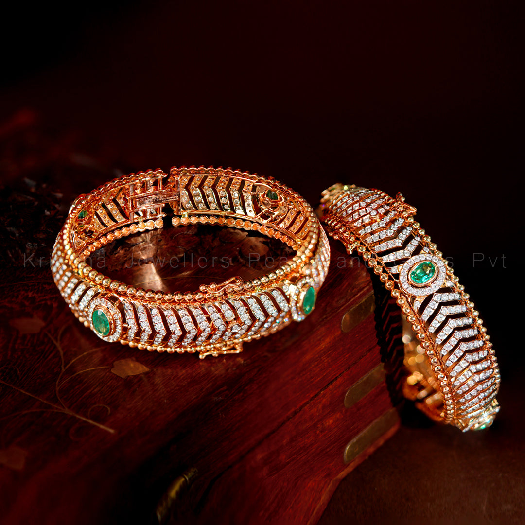 Diamond Emerald Bangles Pair | Rose Gold Chevron Kada Set