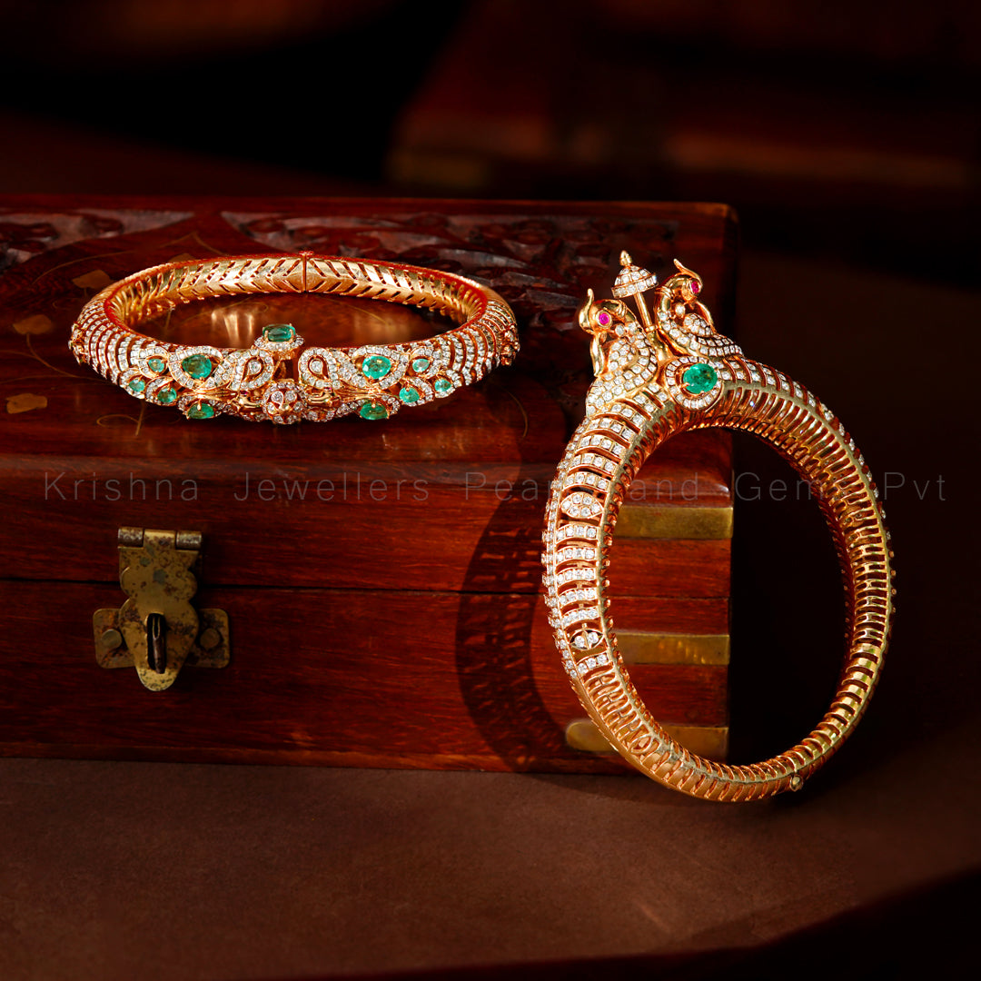 Diamond Emerald Peacock Bangles | Antique Nagas Kada in Gold