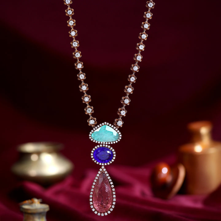 18K Diamond Necklace Tourmaline, Tanzanite & Emerald