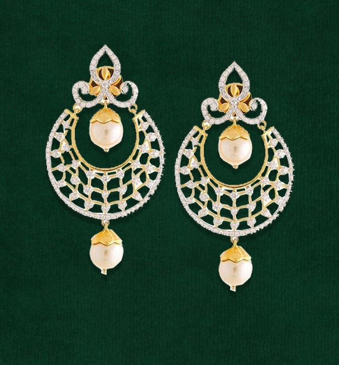 Radiant gold with diamond and pearl chandbali earrings