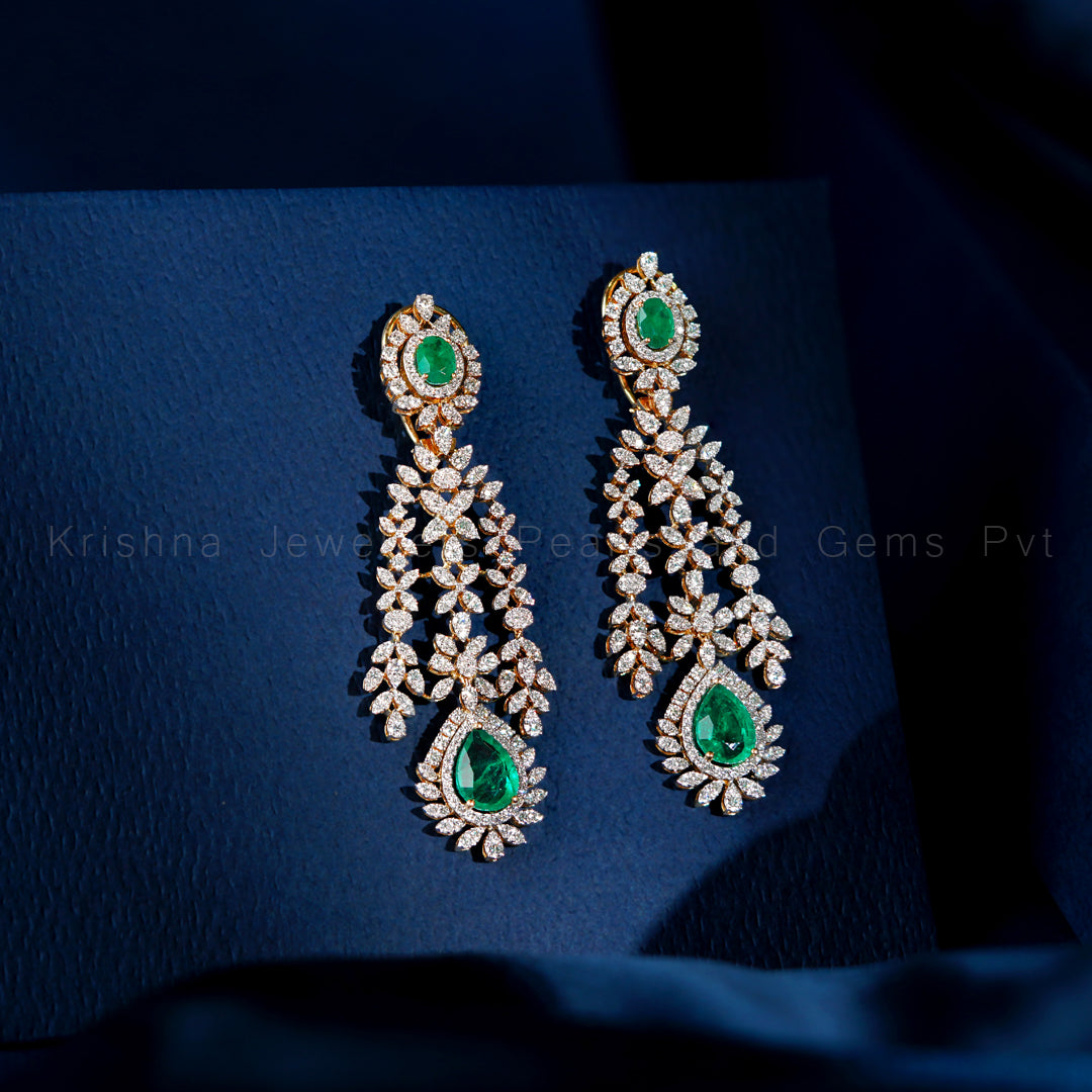 Diamond Emerald Chandelier Earrings | Rose Gold Drop Earrings