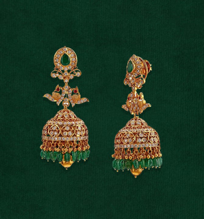 Gold with diamond peacock jhumkas