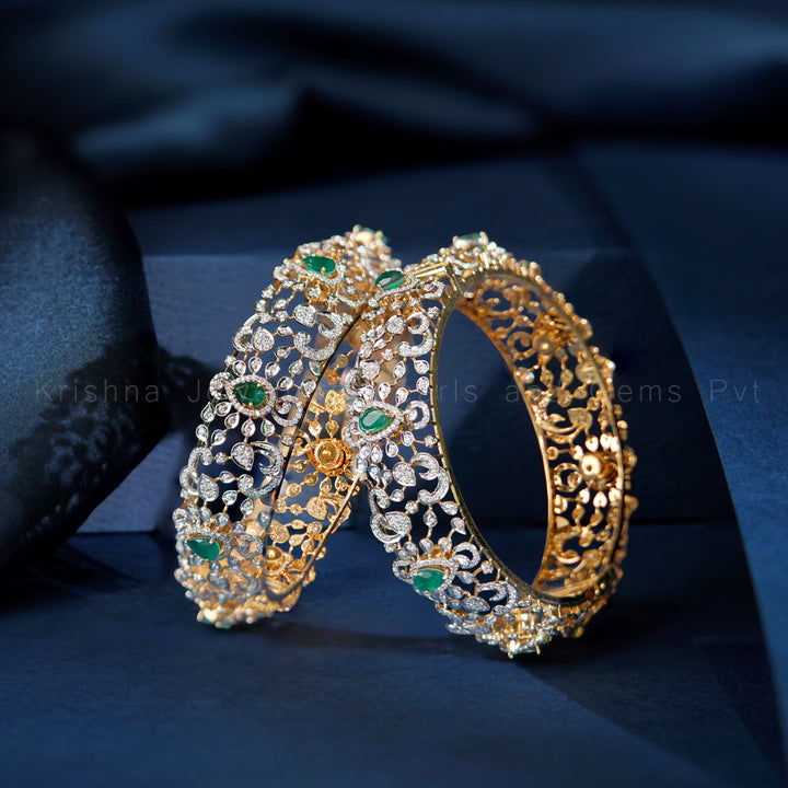 Diamond Emerald Openwork Bangles | Floral Two-Tone Kada Pair