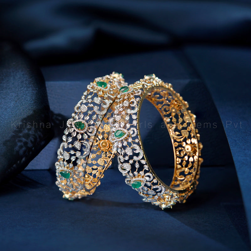 Diamond Emerald Openwork Bangles | Floral Two-Tone Kada Pair