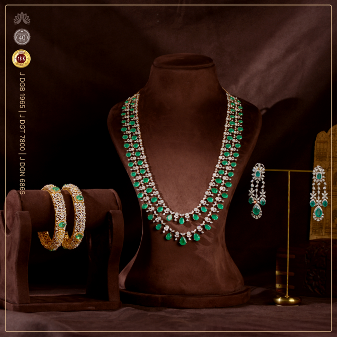 Diamond Emerald 2-Layered Haar Set with Matching Bangles Hanging Earrings