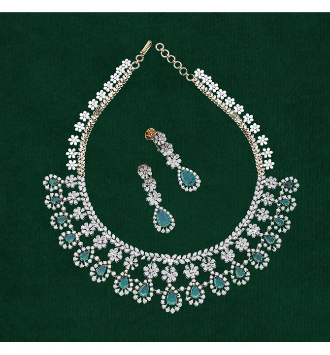 Bridal diamond emerald Flower Design necklace set