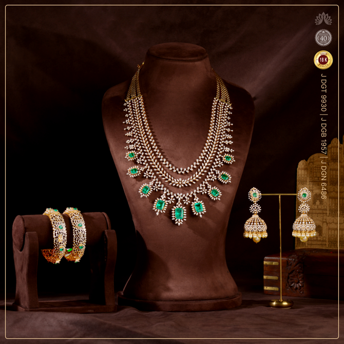 Radiant Diamond Emerald 3-Layered Haar Set with Jhumkas and Bangles