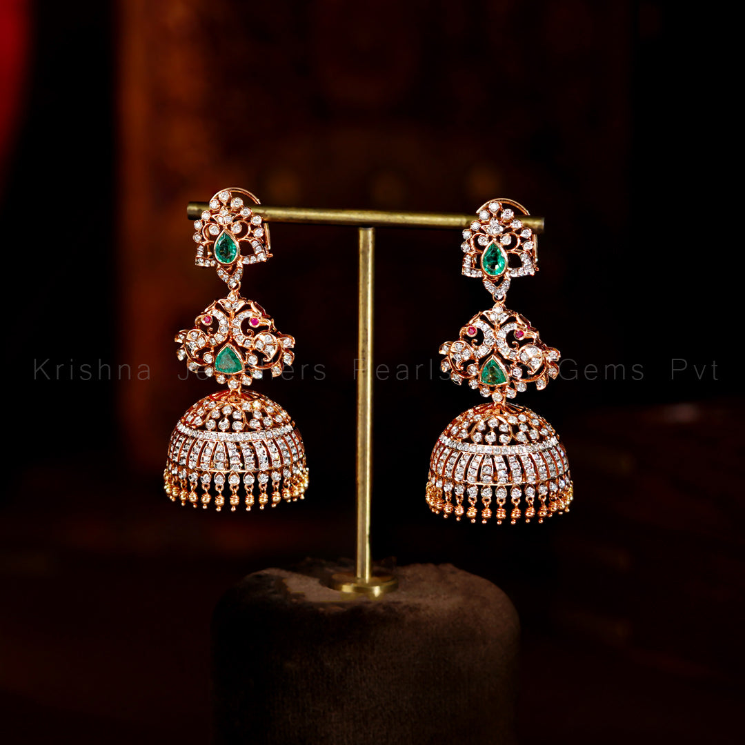 Diamond Emerald Jhumka Earrings | Rose Gold Bridal Jhumkas
