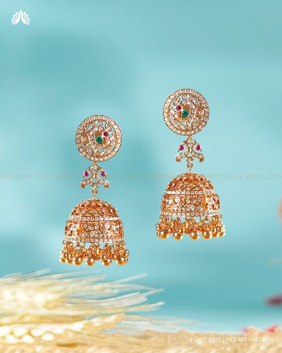 18K Gold Diamond Peacock Jhumkas