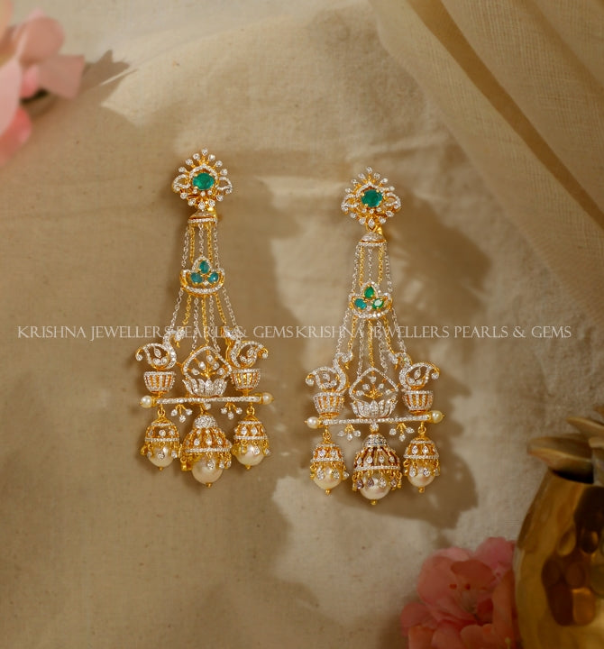Diamond Jhumka Earrings with Emerald Accents