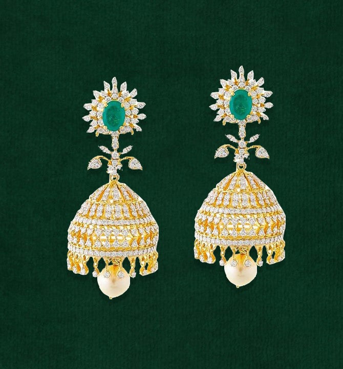 Gold with diamond and emerald studded Jhumkas