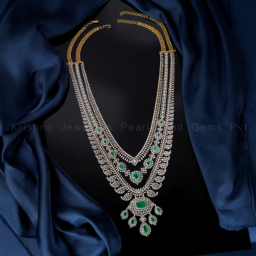 Diamond Emerald Layered Necklace Set | Two-Step Bridal Long Haram