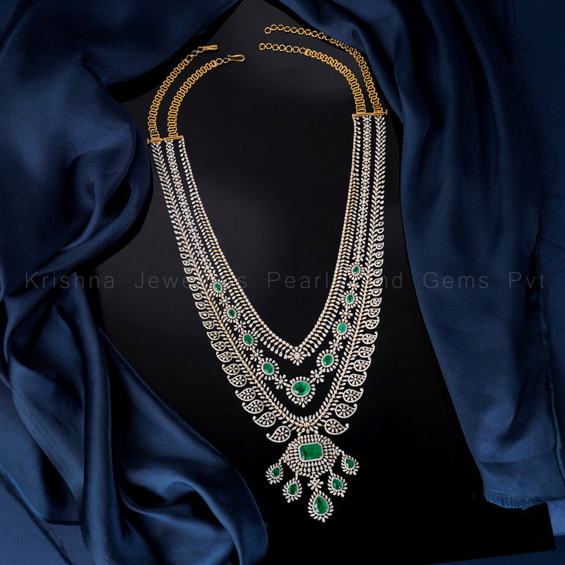 Diamond Emerald Layered Necklace Set | Two-Step Bridal Long Haram
