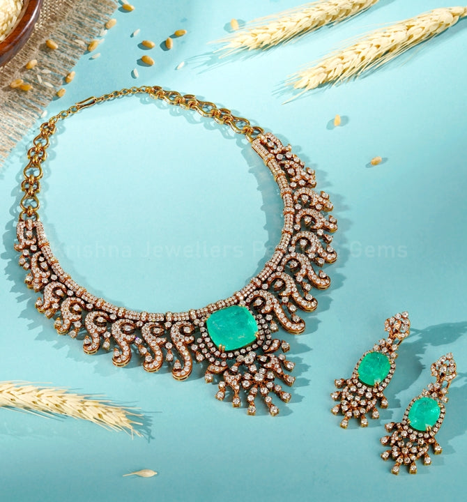 18K Diamond and Emerald Necklace Set with Matching Earrings
